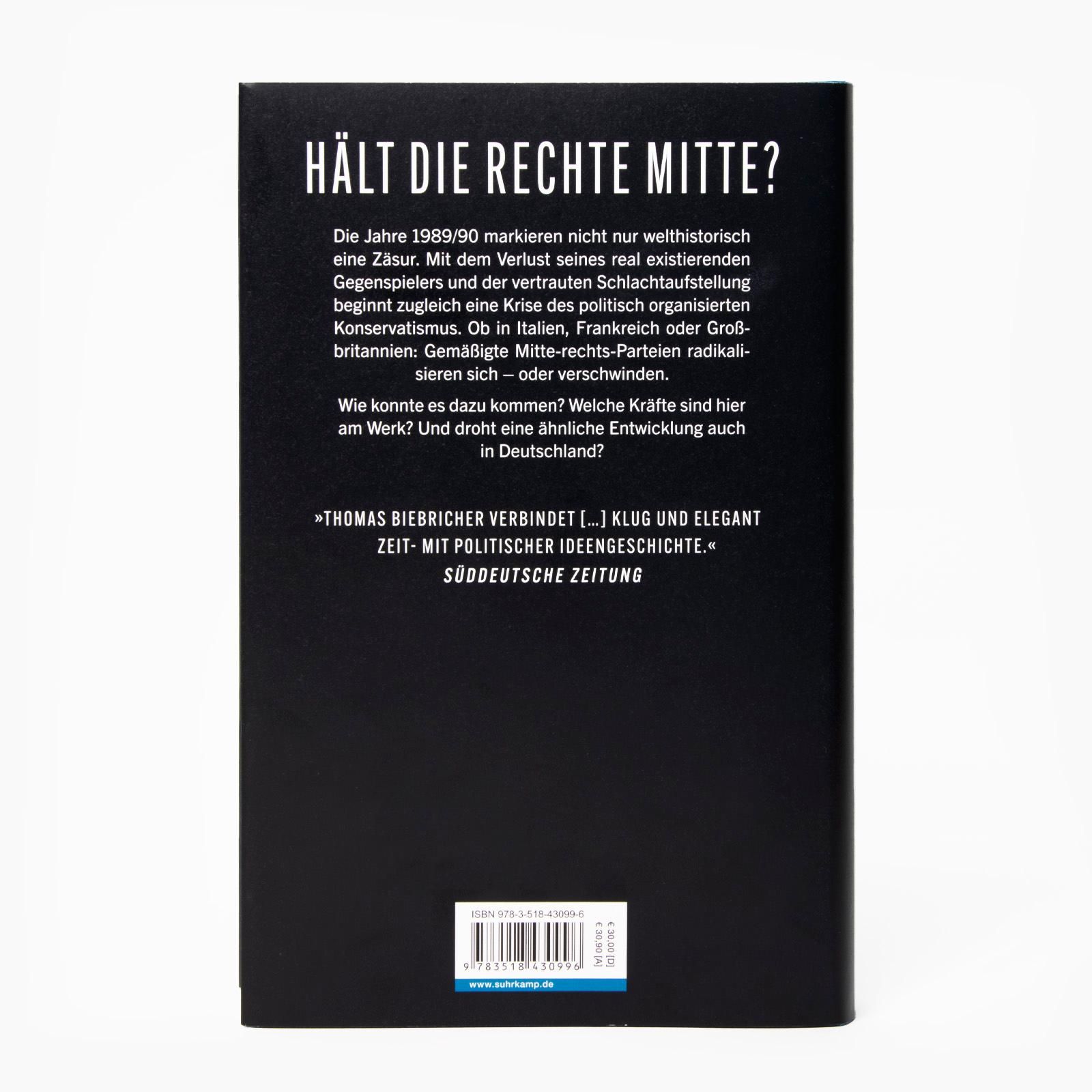 Buchrückseite mit Text. Titel: "Hält die rechte Mitte?". Schwarzer Hintergrund, weißer Text. ISBN-Code unten.
