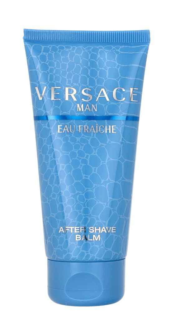 Blau-transparente Tube mit weißem Schriftzug VERSACE MAN, EAU FRAICHE und AFTER SHAVE BALM. Hellblauer Deckel.