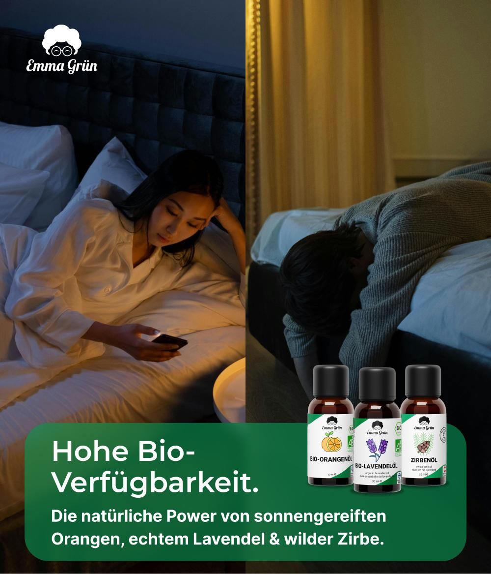 Frau am Handy, Mann schläft. Drei Flaschen: Bio-Orangenöl, Bio-Lavendelöl, Zirbenöl. Text: Hohe Bio-Verfügbarkeit. Natürliche Power.