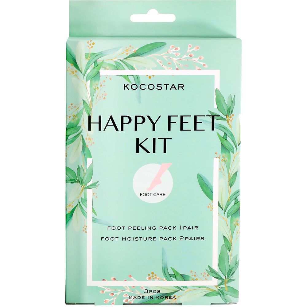 Verpackung des KOCOSTAR Happy Feet Kit. Mintgrüne Box mit Produktnamen und floralem Design. Enthält Fußpeeling und Feuchtigkeitspackungen.