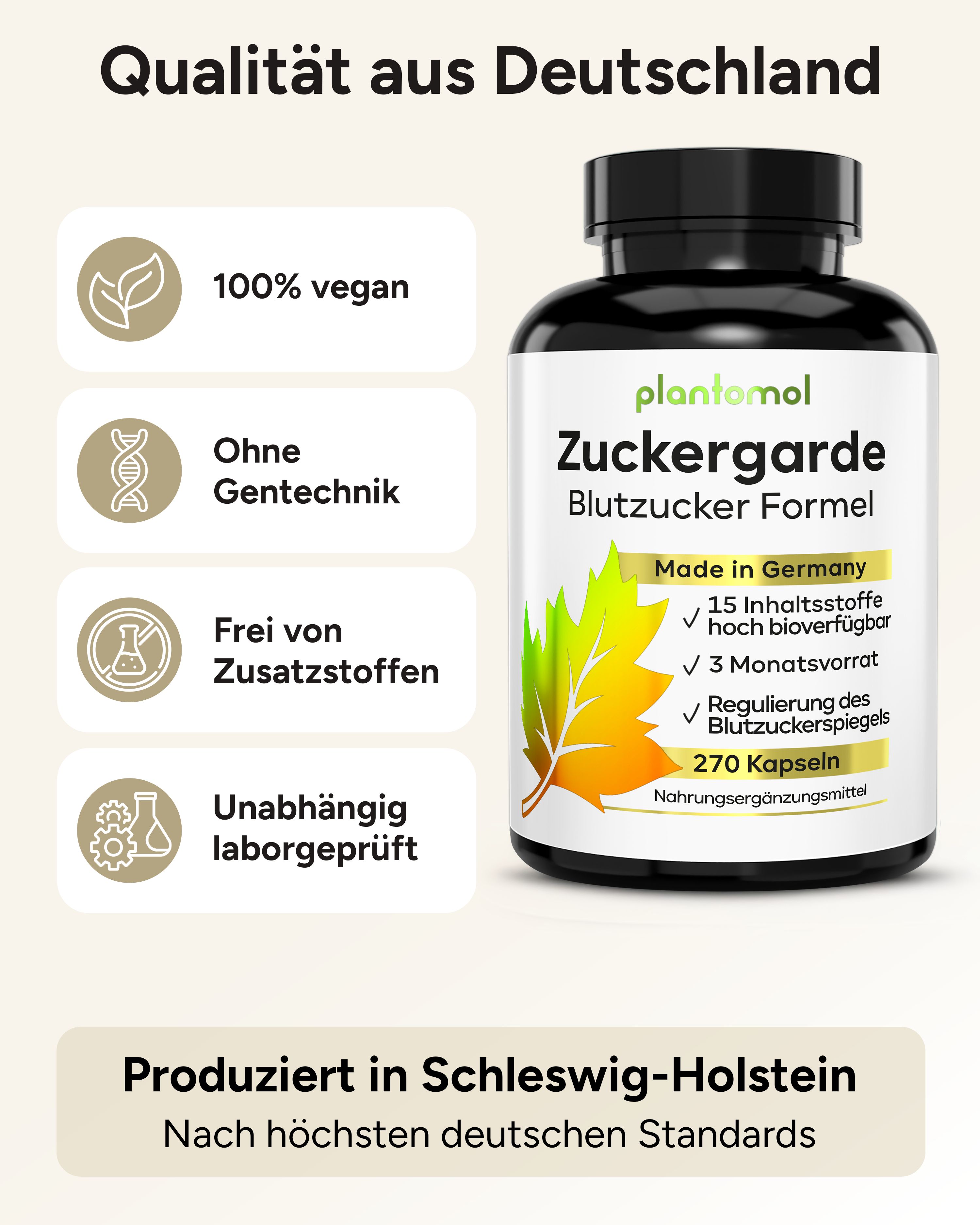 Produkt-Werbung. 100% vegan, ohne Gentechnik, frei von Zusatzstoffen, laborgeprüft. Dose plantomol Zuckergarde Blutzucker Formel.