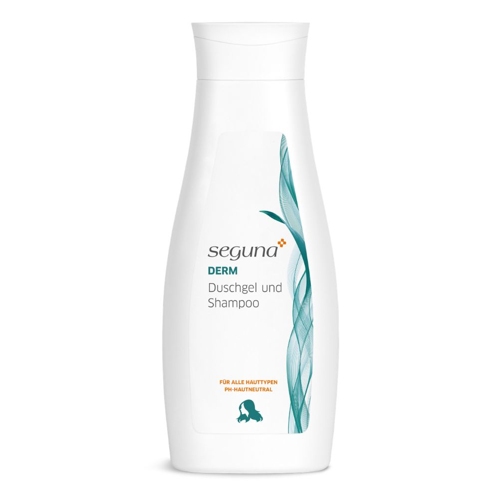 Weiße Flasche mit grünem Design. Aufschrift: Seguna Derm Duschgel und Shampoo. Für alle Hauttypen, pH-hautneutral.