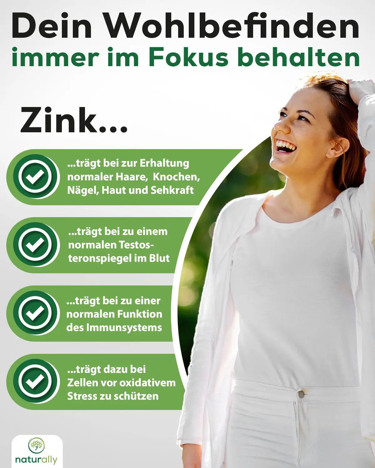 Frau lächelt. Text: Zink... für Haare, Knochen, Nägel, Haut und Sehkraft, Testosteronspiegel, Immunsystem.