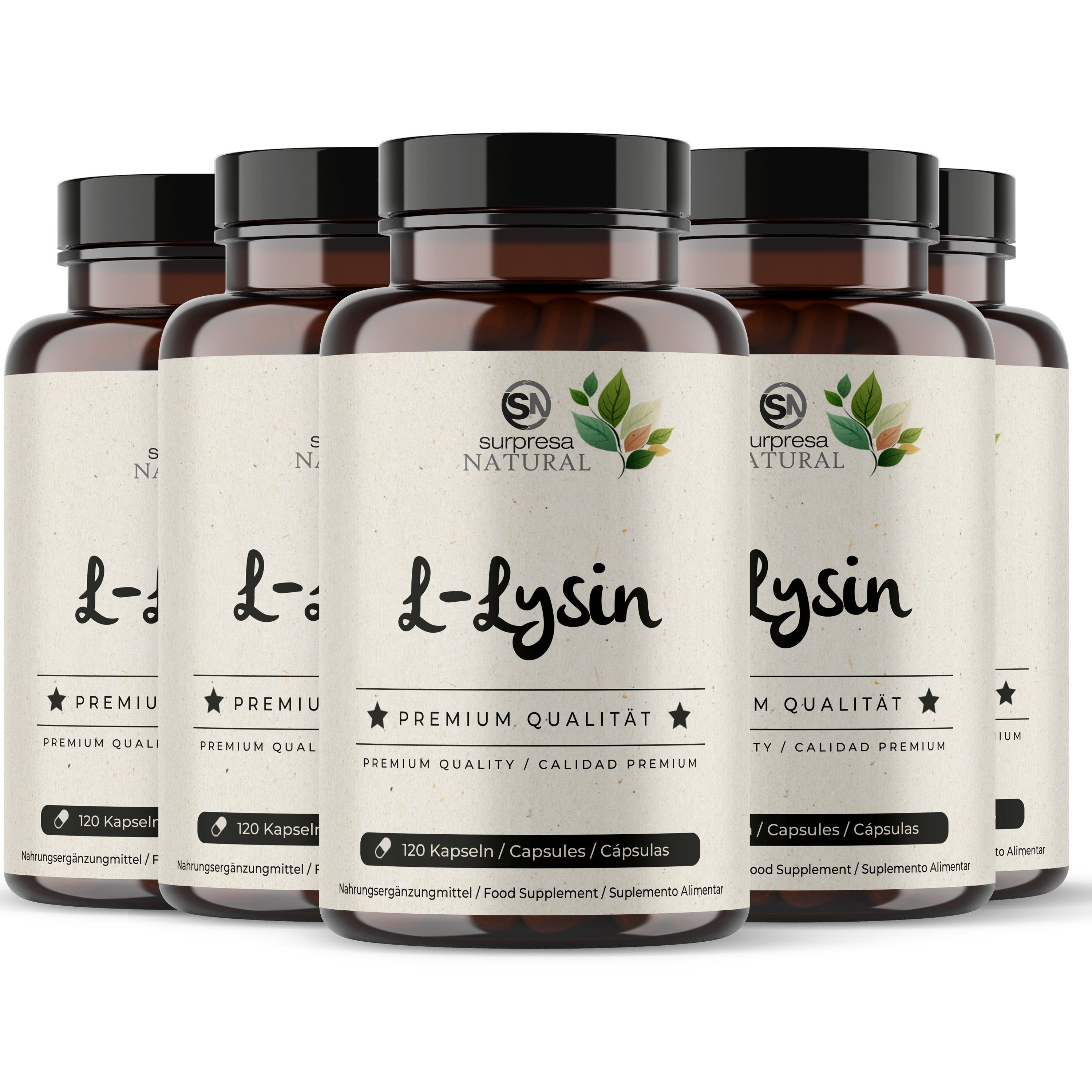 Sechs braune Dosen mit L-Lysin Kapseln.