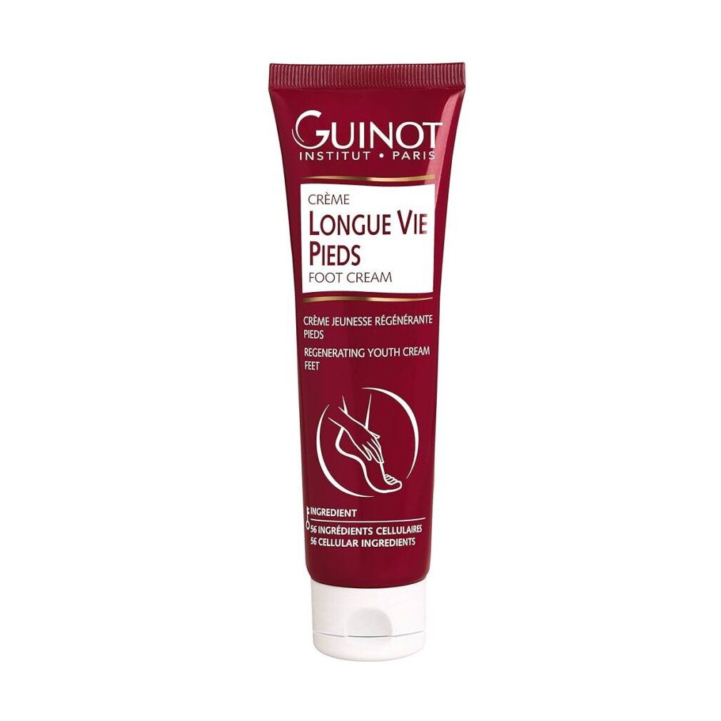 Guinot Longue Vie Pieds Creme-Tube. Roter Tube mit weißer Schrift. Enthält 125 ml. Aufschrift: Foot Cream.