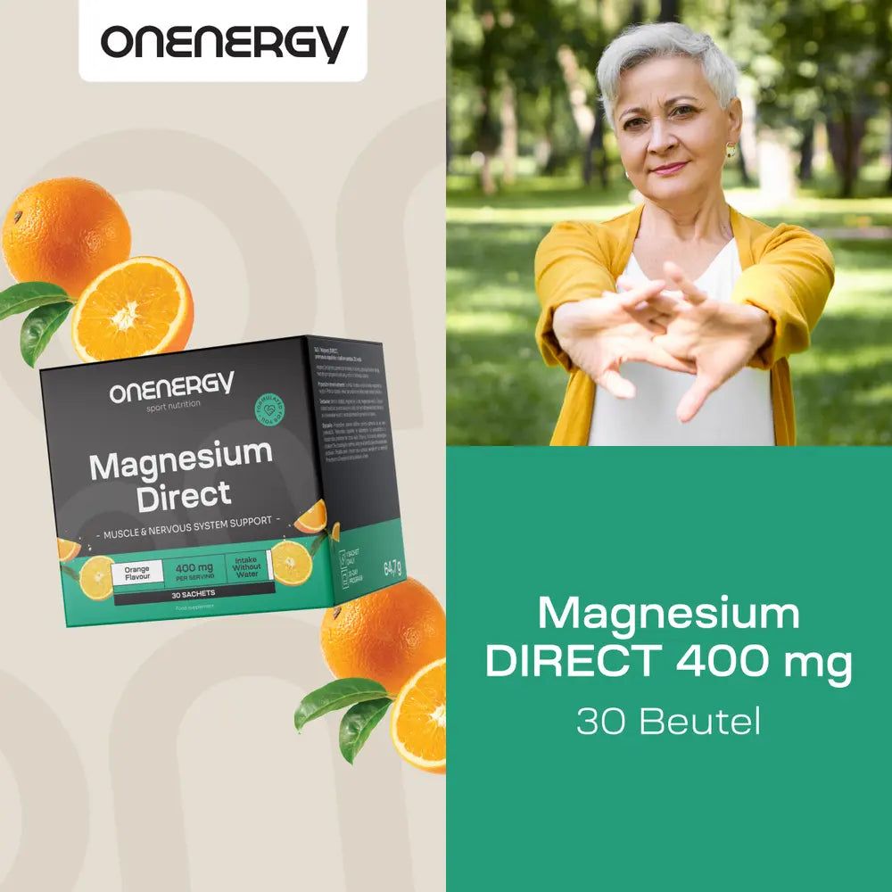 Produktverpackung neben Frau. Text: Magnesium Direct 400 mg, 30 Beutel. Orangen und Blätter im Hintergrund.