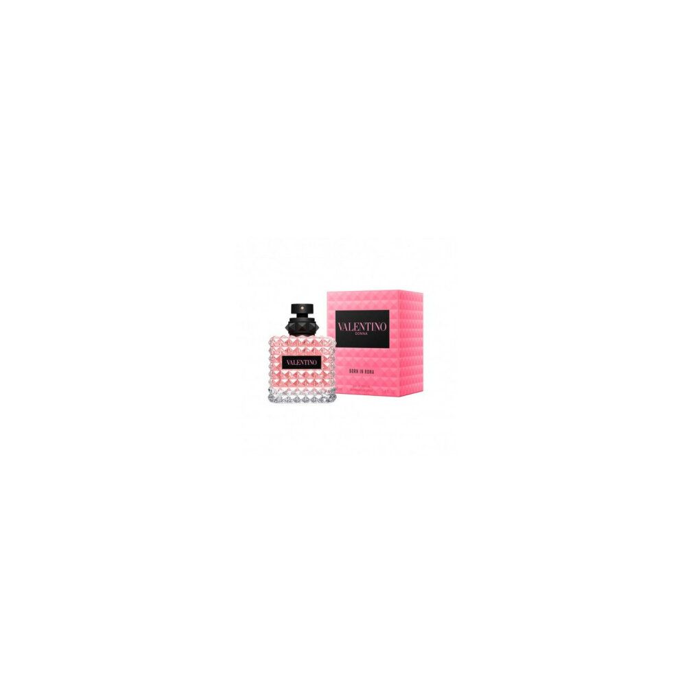 Valentino Born in Roma Eau de Parfum. Rosa Flakon und Verpackung. Schwarzer Deckel. Flakon mit pyramidenförmigen Details.
