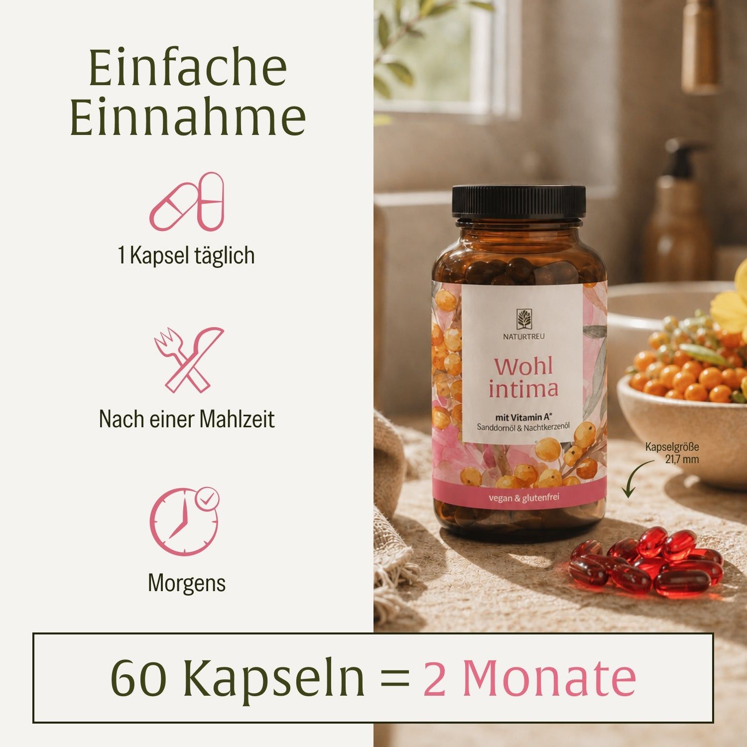 Flasche mit 60 veganen Kapseln, Einnahmehinweise: 1 Kapsel täglich nach dem Essen.