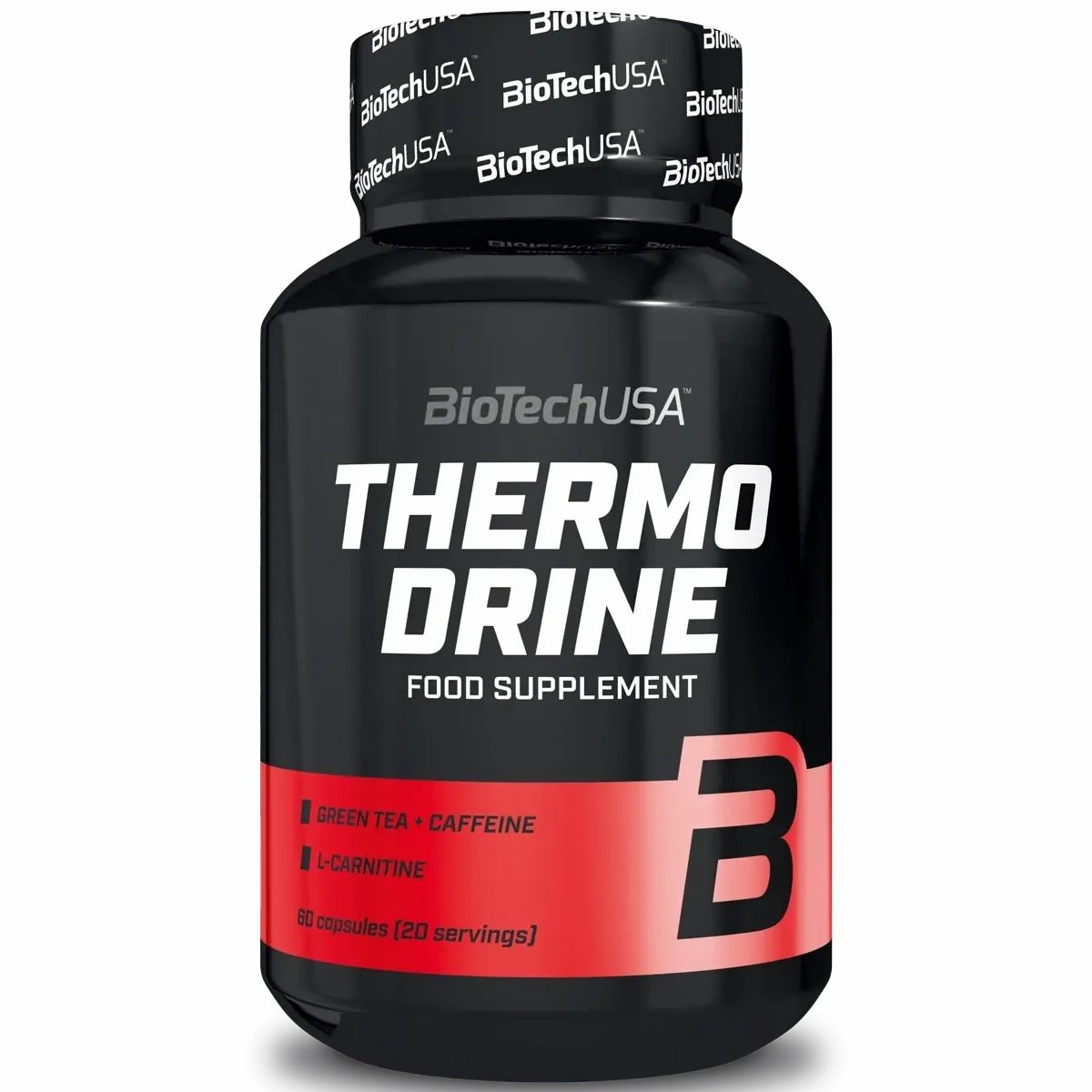 Schwarze Flasche mit rotem Etikett. Aufschrift: Thermo Drine, Food Supplement. Enthält 60 Kapseln. Marke: BioTechUSA.