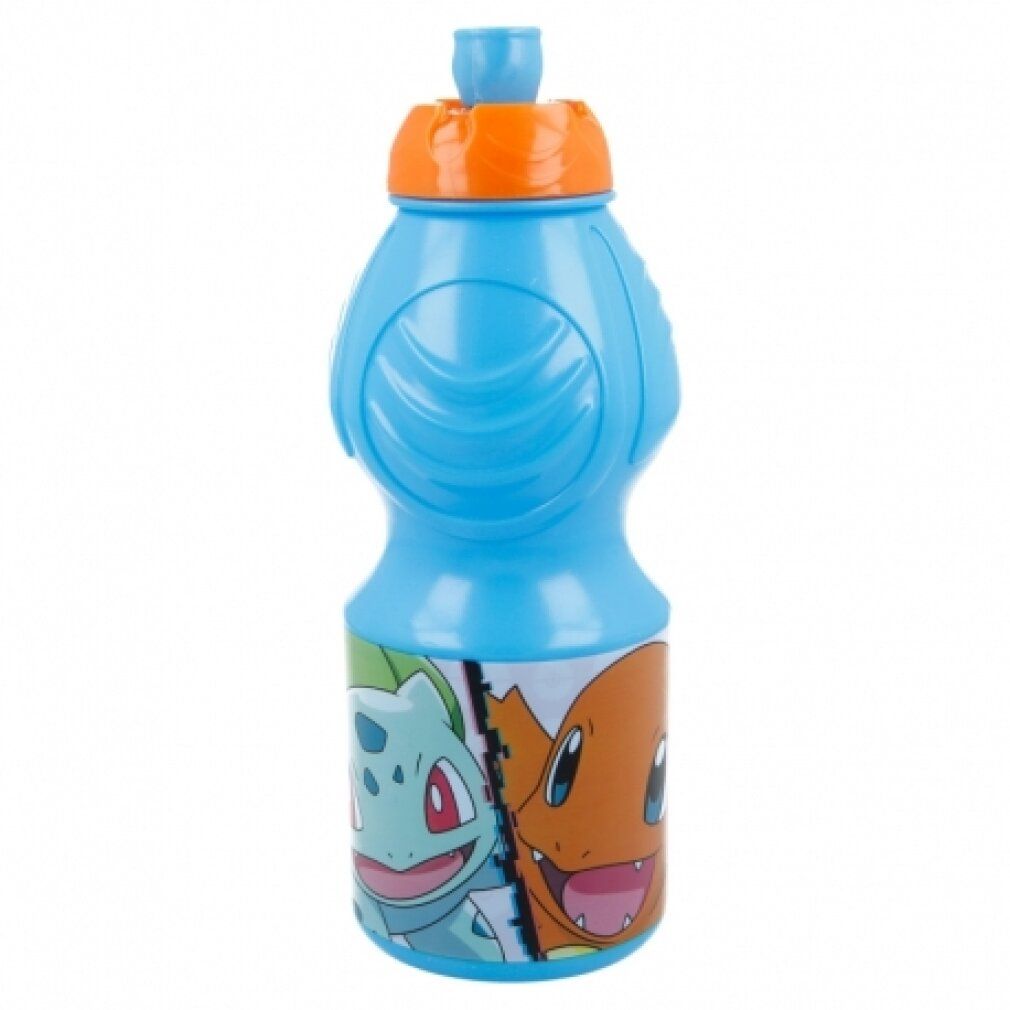 Blaue Trinkflasche mit orangefarbenem Deckel. Aufgedruckt sind Pokémon-Charaktere: Bisasam und Glumanda.