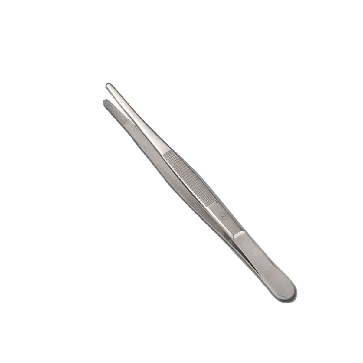 Anatomische Pinzette aus Metall mit geriffelter Griffzone und feiner Spitze.