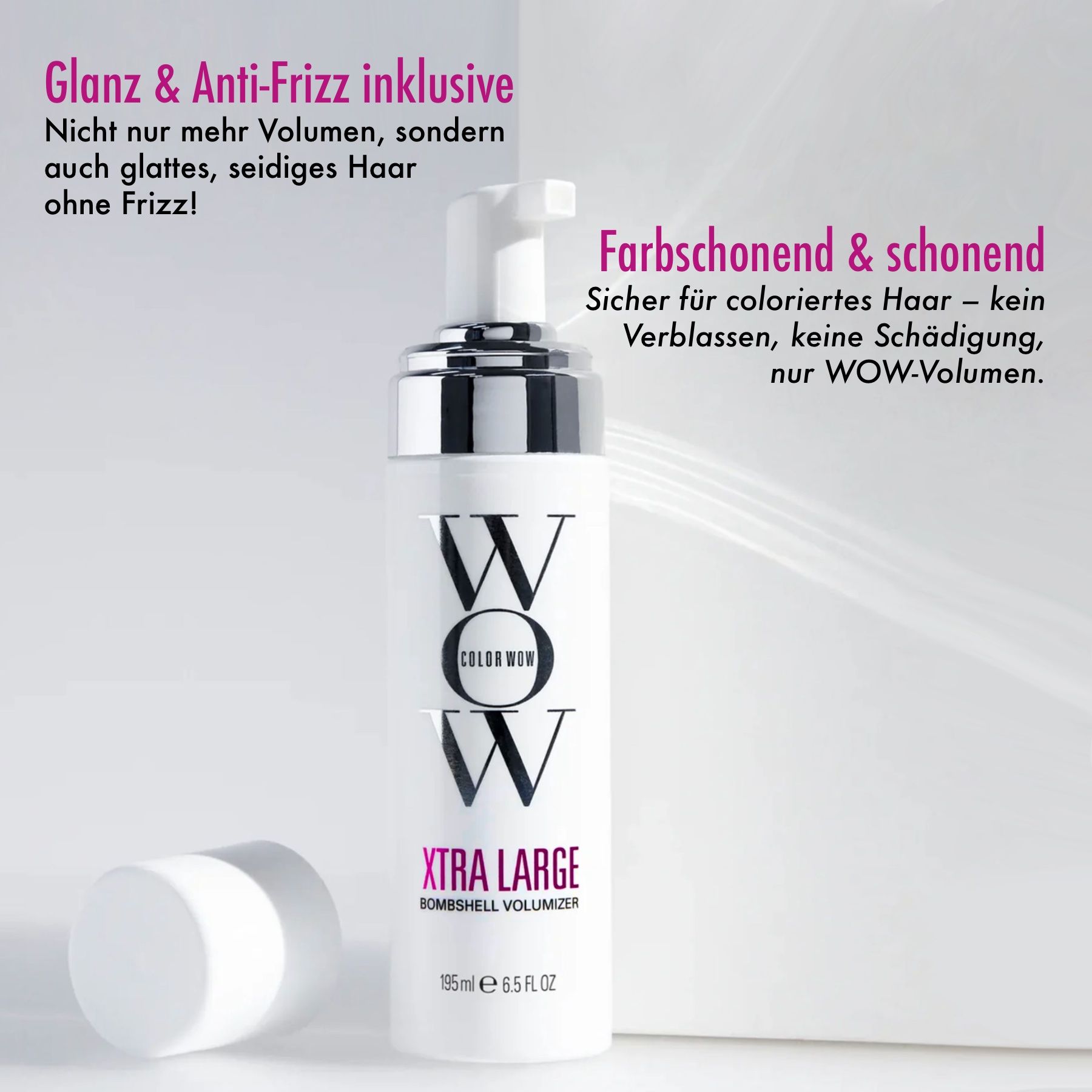 Schaumfestiger mit Text. Schriftzug: Xtra Large Bombshell Volumizer. 195ml. Text: Glanz & Anti-Frizz inklusive.