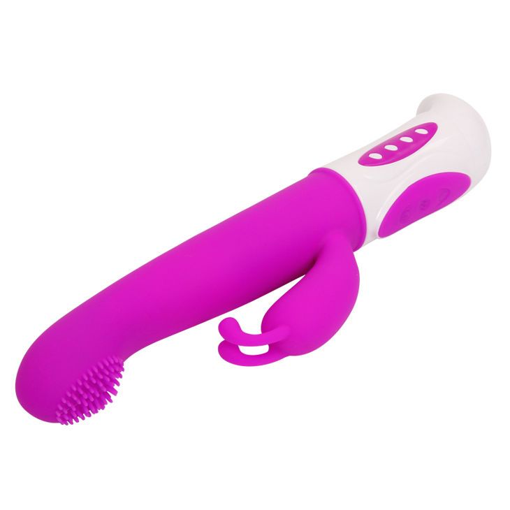 Lila Vibrator mit weißem Griff. Geriffelte Spitze, Hasenohren-Design. Schräge Ansicht.