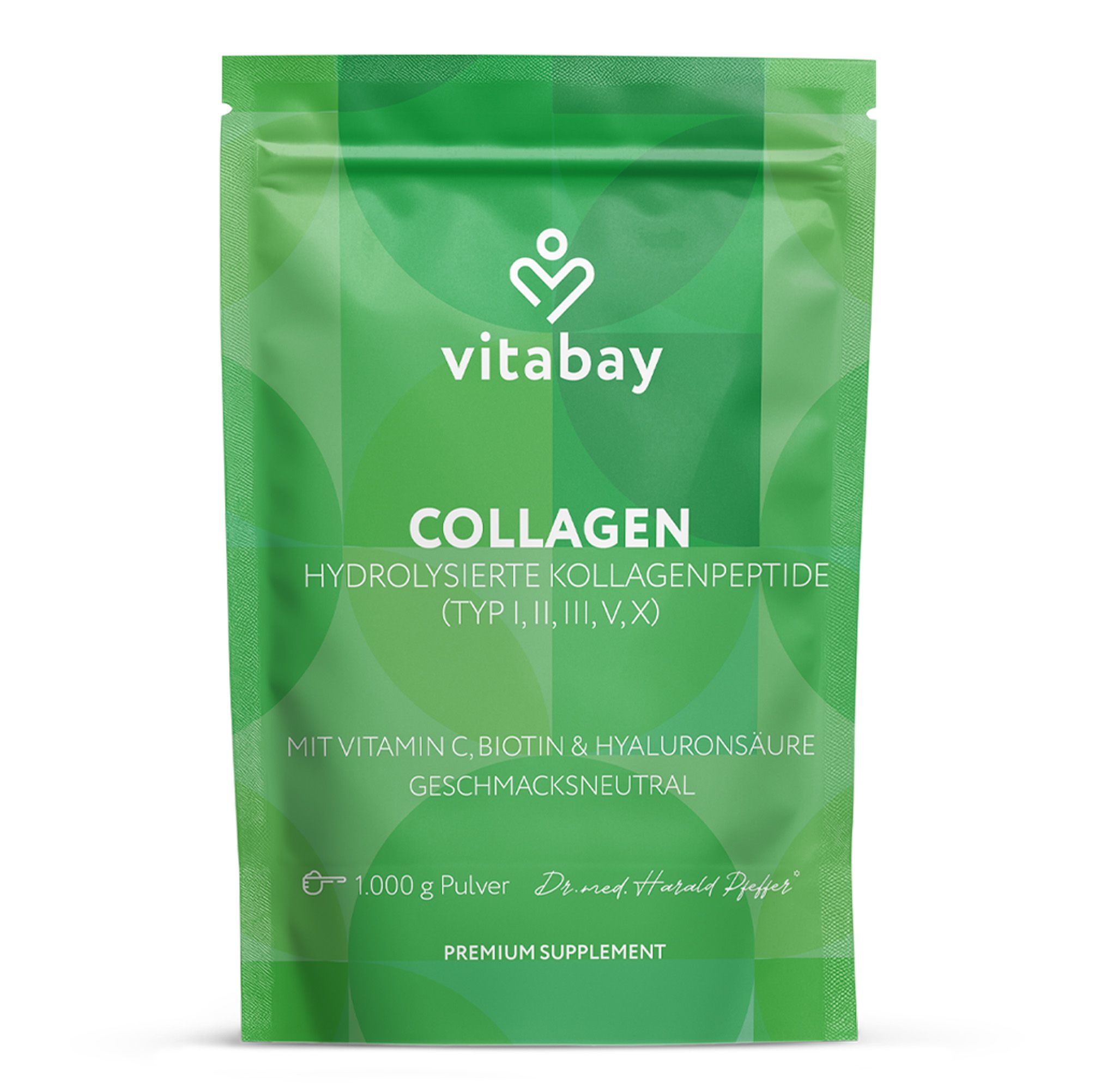 Grüne Tüte mit Vitabay Collagen. Text: Collagen, Hydrolysiertes Kollagenpeptide, Typ I, II, III, V, X. 1.000 g Pulver. Geschmacksneutral.