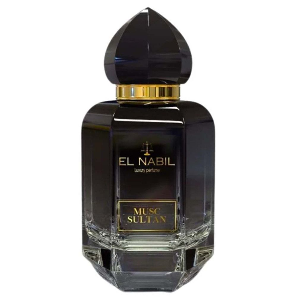 Dunkle Flasche mit goldener Kappe. Aufschrift: EL NABIL, Musk Sultan. Eckige Form mit Facetten.