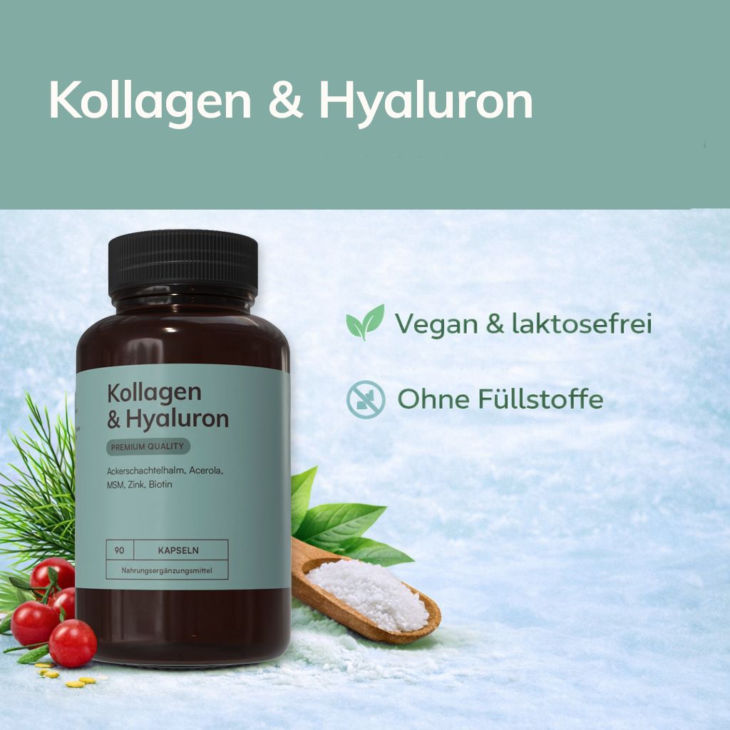 Braune Flasche mit Kapseln. Aufschrift: Kollagen & Hyaluron. Mit Blättern, Beeren und Text: Vegan & laktosefrei.
