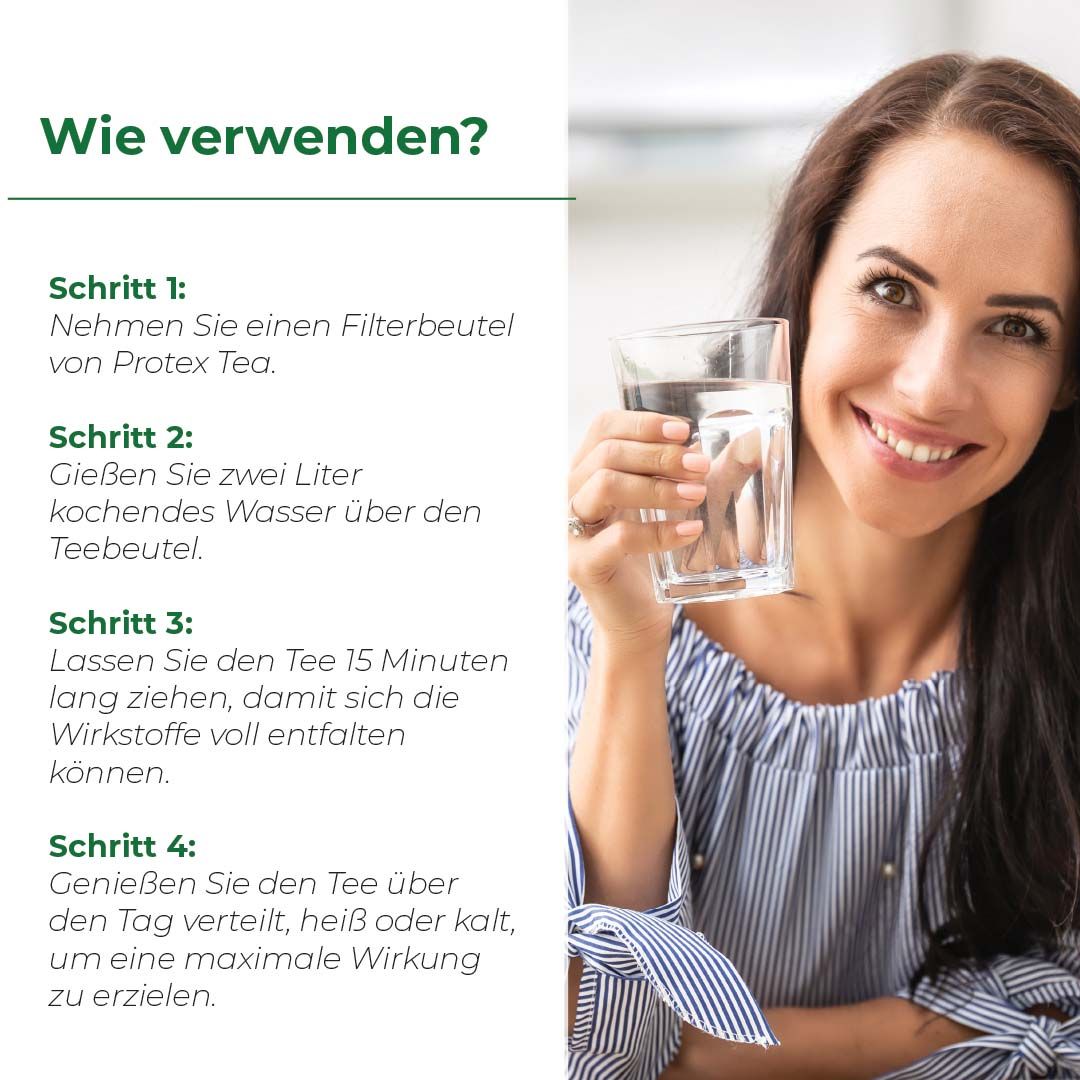 Frau hält ein Glas Wasser, daneben Anleitung zur Zubereitung von Biostile Protex Tee in vier Schritten.
