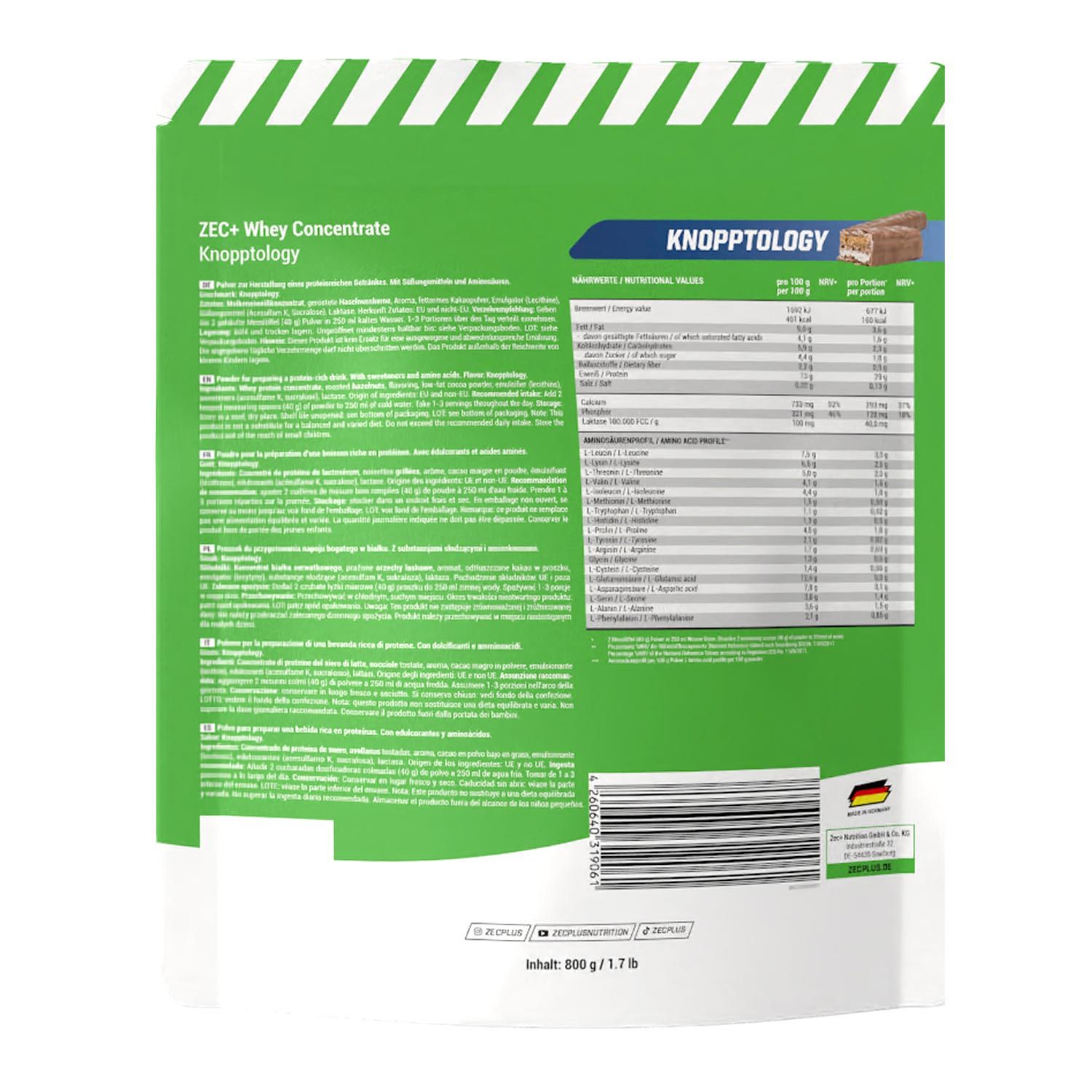 Rückseite der ZEC+ Whey Concentrate Knopptology Verpackung. Enthält Text, Nährwertangaben und Barcode. 800g.