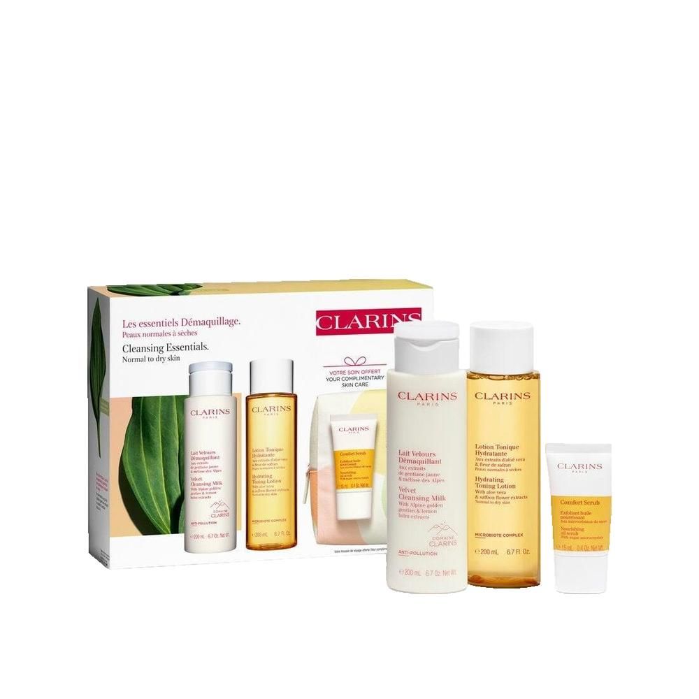 Clarins Geschenkset mit Gesichtspflegeprodukten. Enthält Flaschen, Tuben und eine Kosmetiktasche. Verpackung mit Logo.