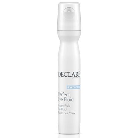 Weiße Flasche mit Roll-on-Applikator. Aufschrift: DECLARE, Perfect Eye Fluid, Augen Fluid, Fluide des Yeux.