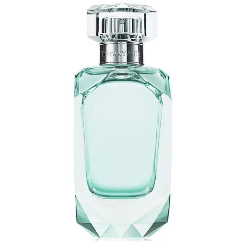 Türkisfarbener Flakon mit Facettenschliff. Transparenter Verschluss. Silberner Hals. Tiffany & Co. Schriftzug.