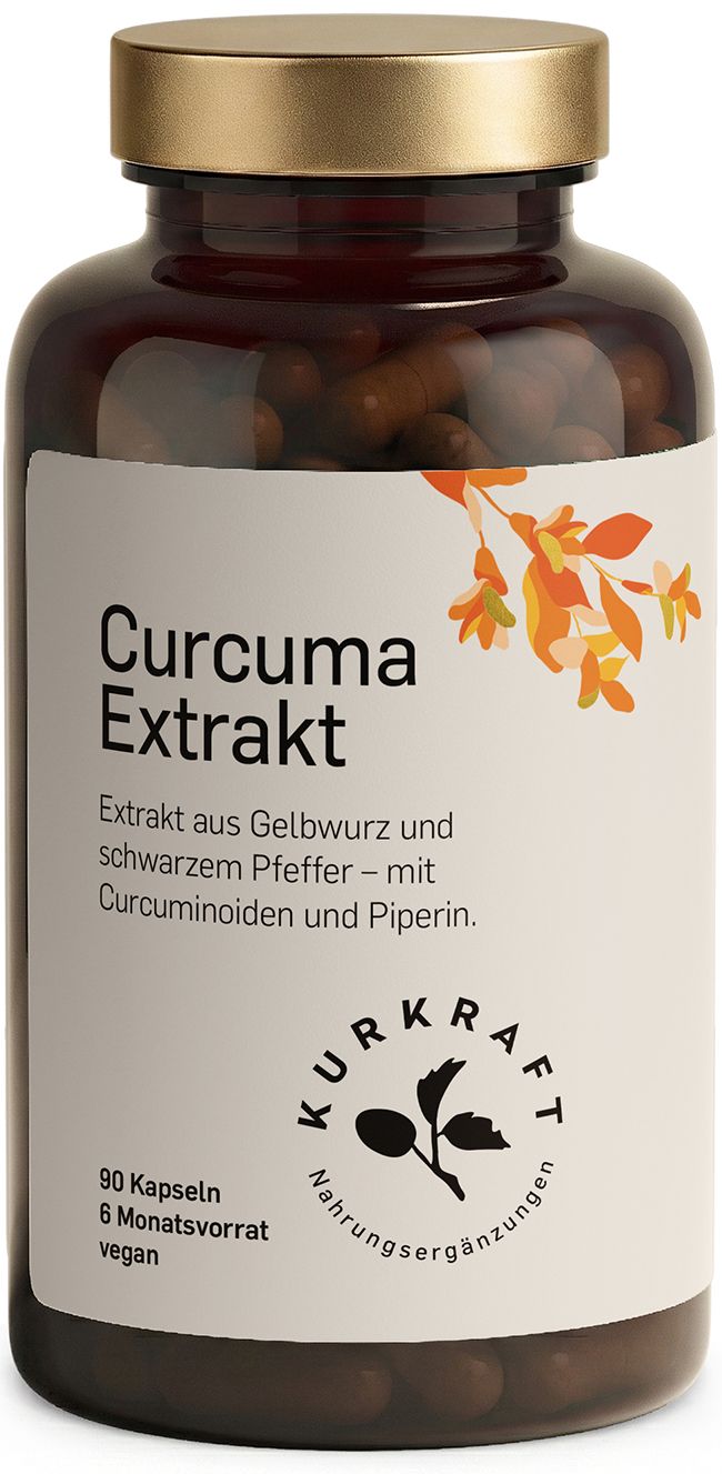 Braune Flasche mit Kurkraft Curcuma Extrakt Kapseln. Text: Extrakt aus Gelbwurz und schwarzem Pfeffer. 90 Kapseln, 6 Monatsvorrat.