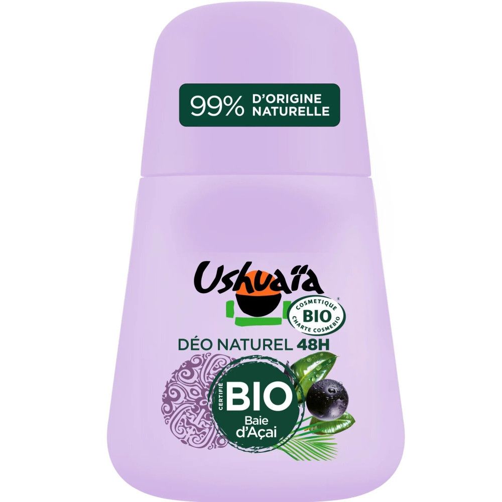 Lila Roll-on-Deodorant. Aufschrift: Ushuaïa, Bio, Déo Naturel 48H, Baie d'Açaï. Grün-weiße Aufkleber: 99% natürliche Herkunft.