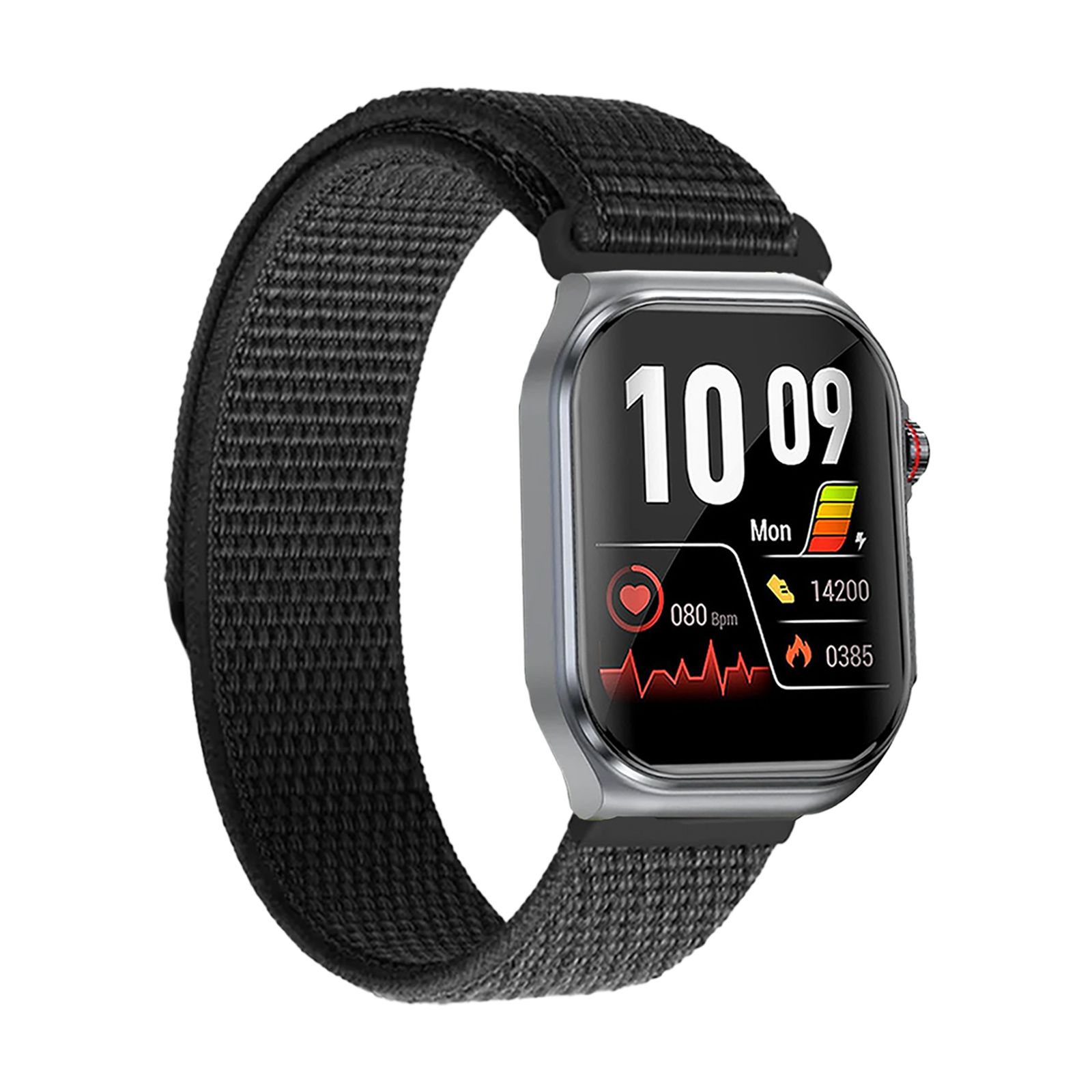 Smartwatch mit schwarzem Textilarmband. Das Display zeigt Uhrzeit, Datum, Herzfrequenz und Kalorien an.