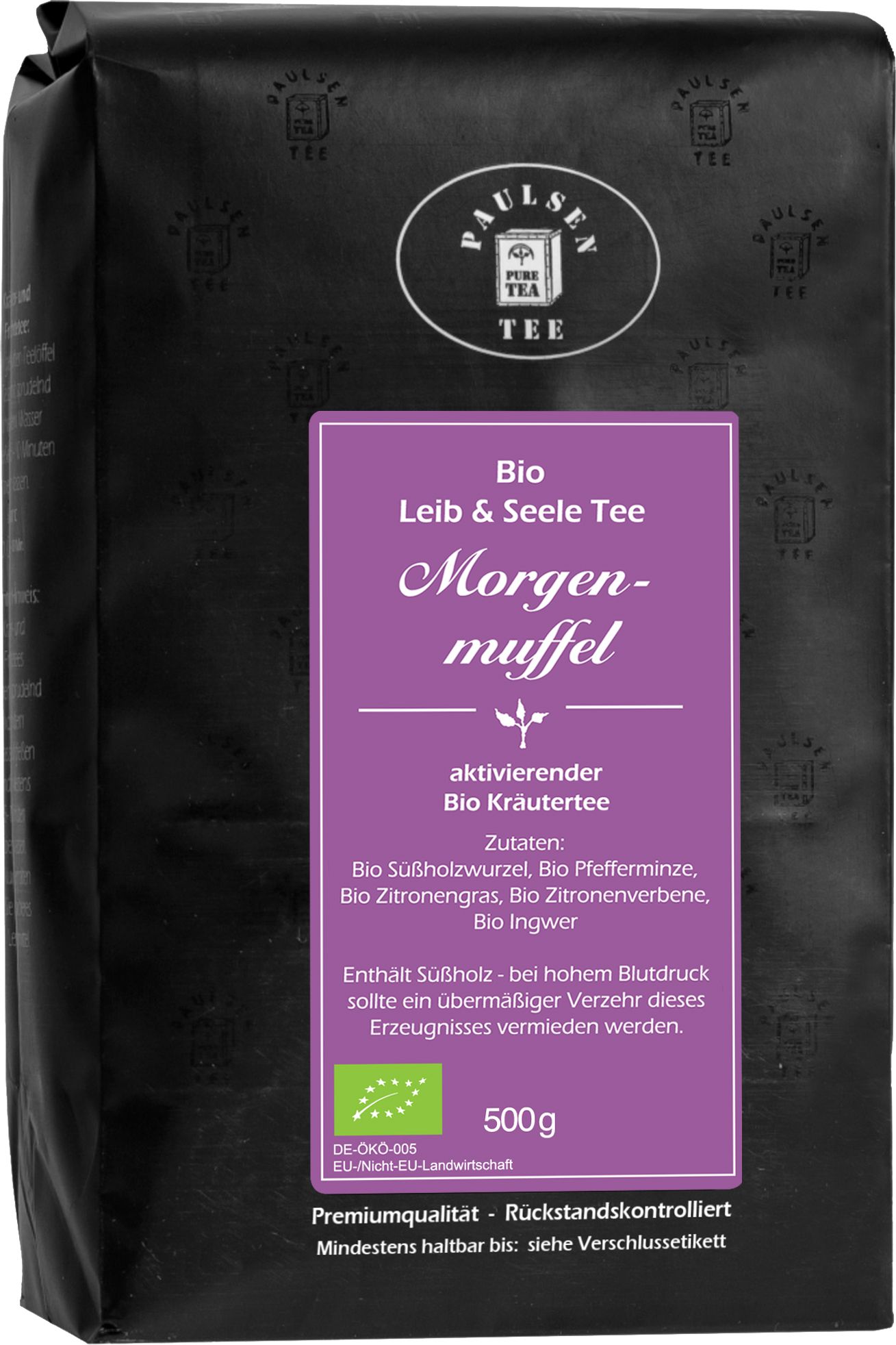 Schwarze Verpackung mit Produktbezeichnung "Paulsen Bio Morgenmuffel Kräutertee". Lila Etikett mit Text und Logo. 500g.