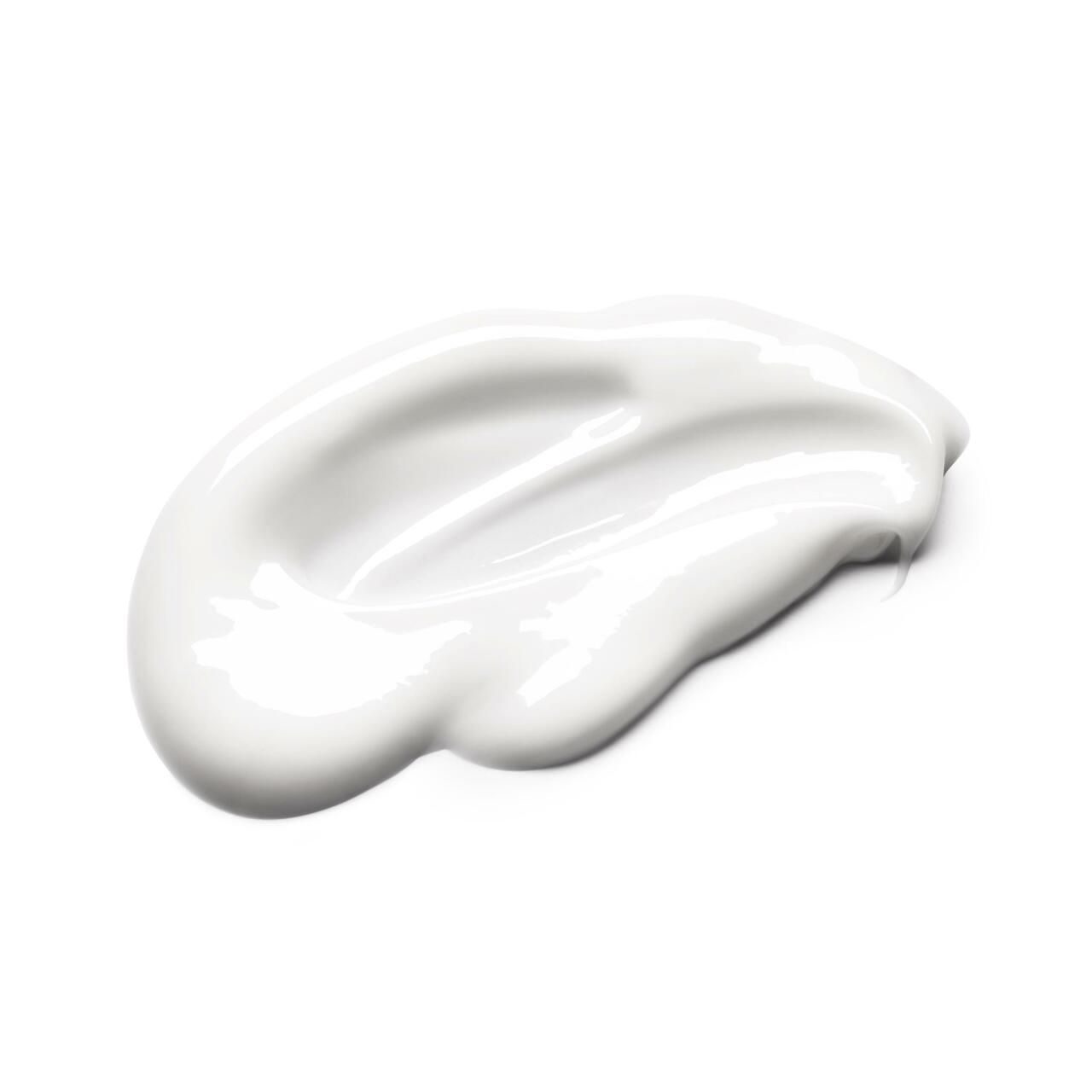Klecks weiße Lotion auf weißem Hintergrund. Glänzende Textur.