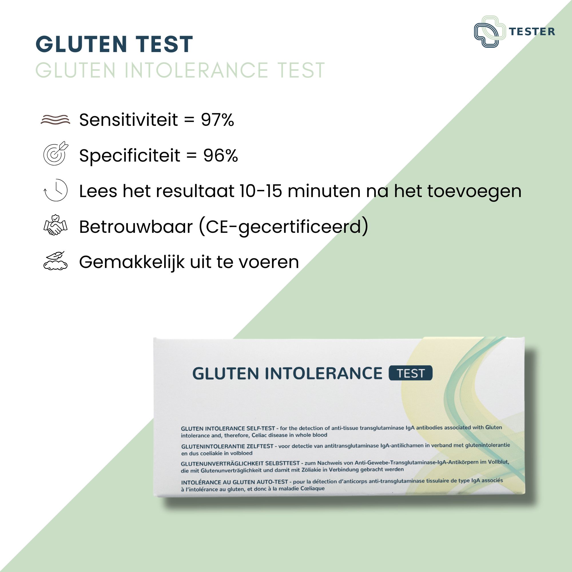 Infografik mit Informationen zum Gluten Test. Enthält Sensitivität, Spezifität, Ergebniszeit und CE-Zertifizierung.
