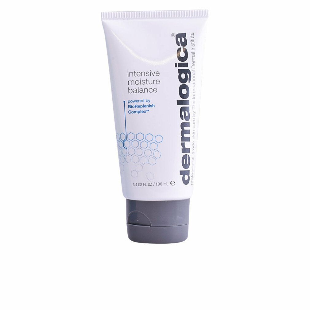 Weiße Tube mit grauer Kappe. Aufschrift: intensive moisture balance, Dermalogica. 3.4 US FL OZ / 100 mL.