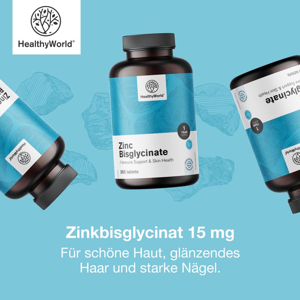 Drei Flaschen Zinkbisglycinat. Aufschrift: HealthyWorld, 15 mg. Text: Für schöne Haut, glänzendes Haar und starke Nägel.