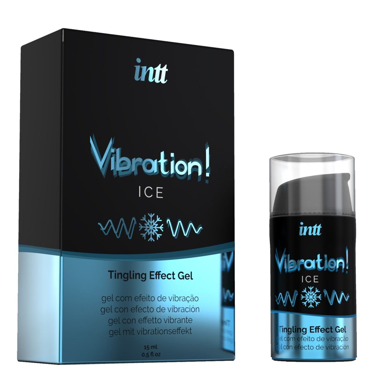 Produktverpackung und Flasche. Verpackung: schwarz, blau. Flasche: zylindrisch, schwarz. Aufschrift: INTT, Vibration! ICE, Tingling Effect Gel.