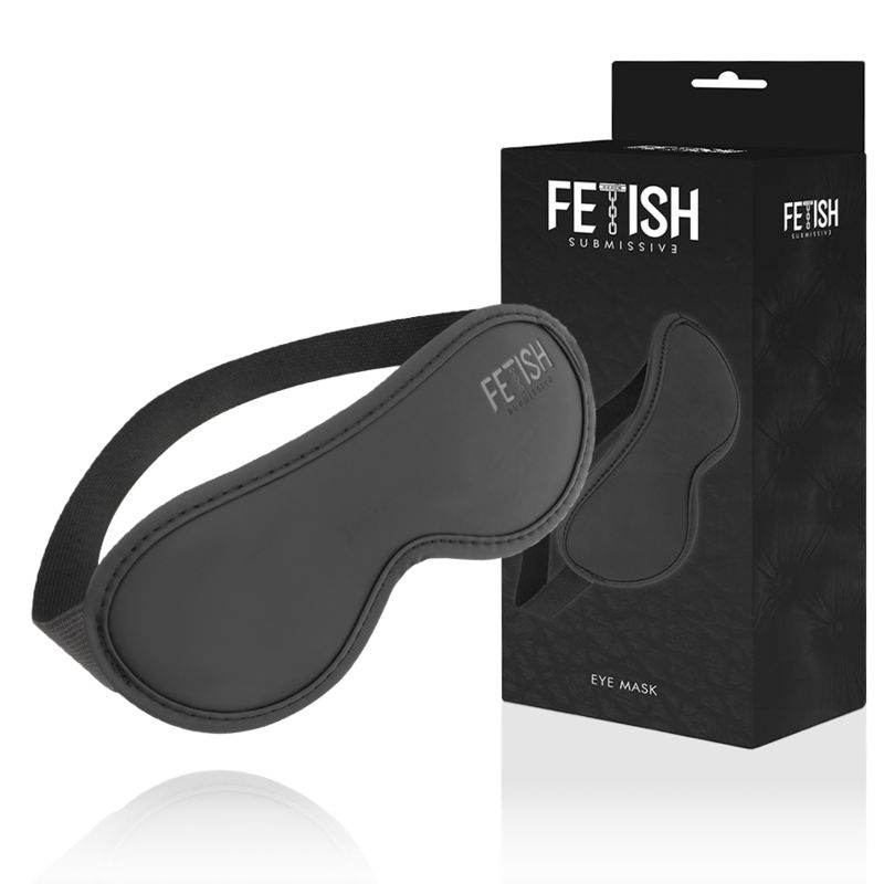 Schwarze Augenmaske mit Gummiband und Verpackung. Auf der Verpackung steht "FETISH Submissive" und "EYE MASK".