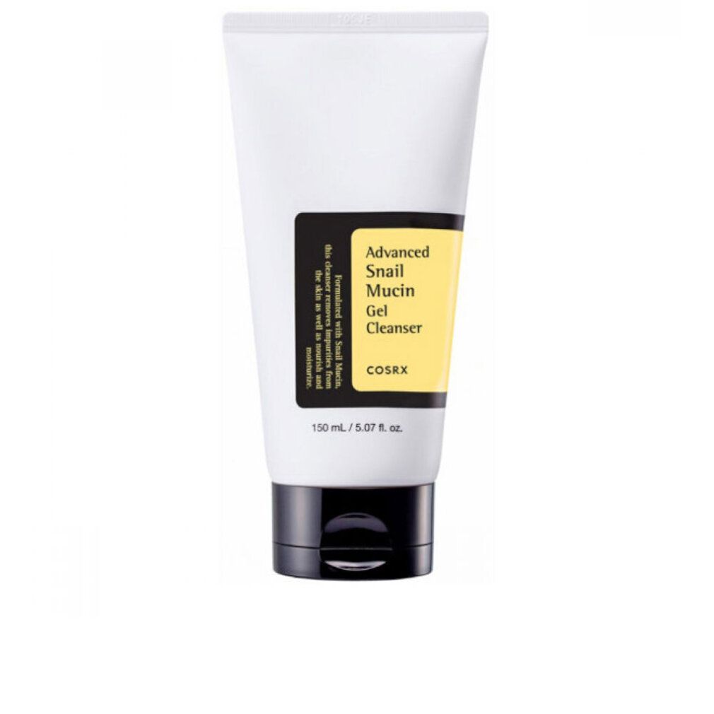 Weiße Tube mit schwarzem Deckel und gelbem Etikett. Text: Advanced Snail Mucin Gel Cleanser, COSRX. 150 ml.