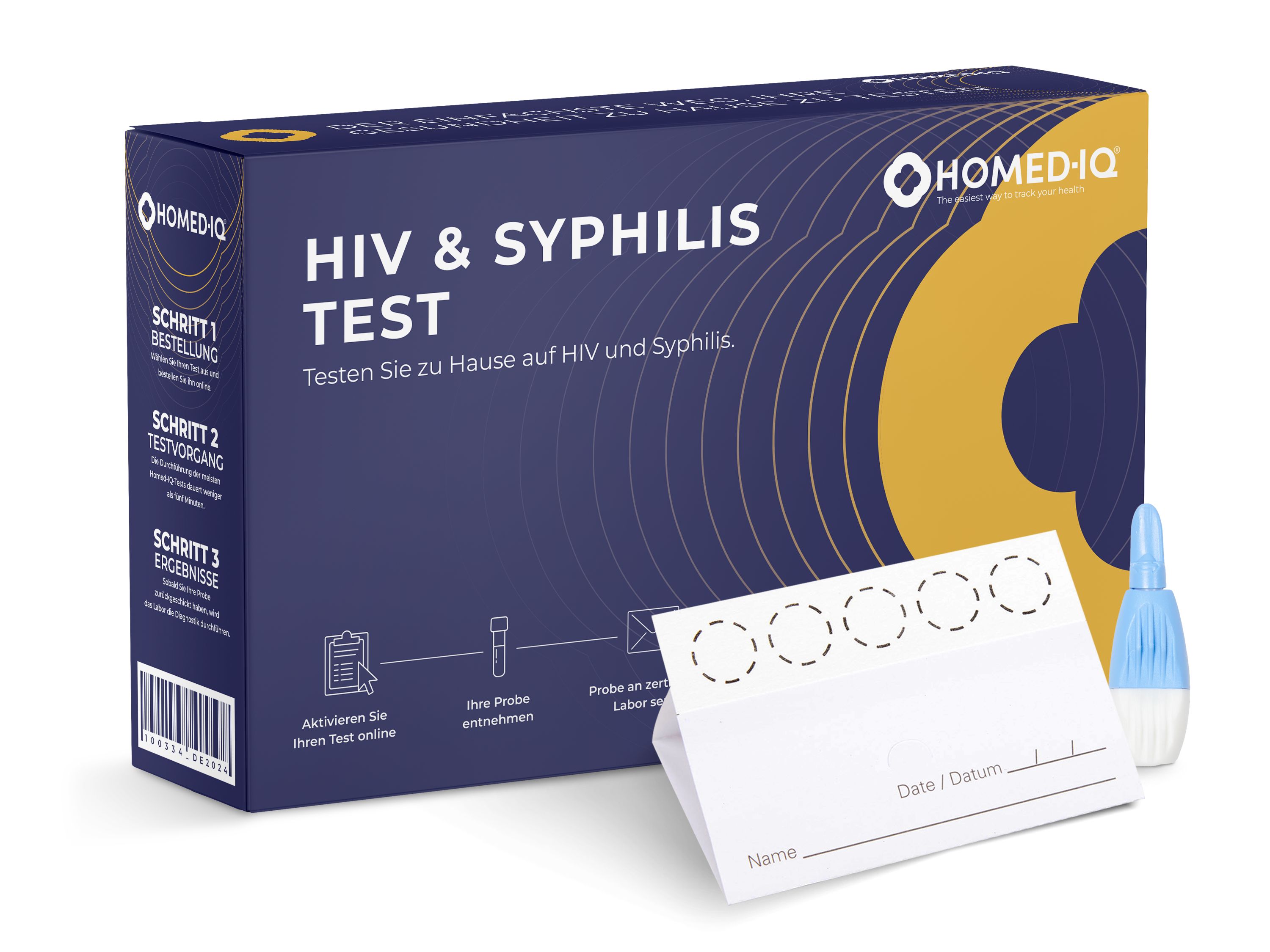 Homed-IQ HIV & Syphilis Test-Kit. Enthält Testkarte, Probenentnahme-Zubehör und Anweisungen. Verpackung in Blau und Gelb mit Produktinformationen.