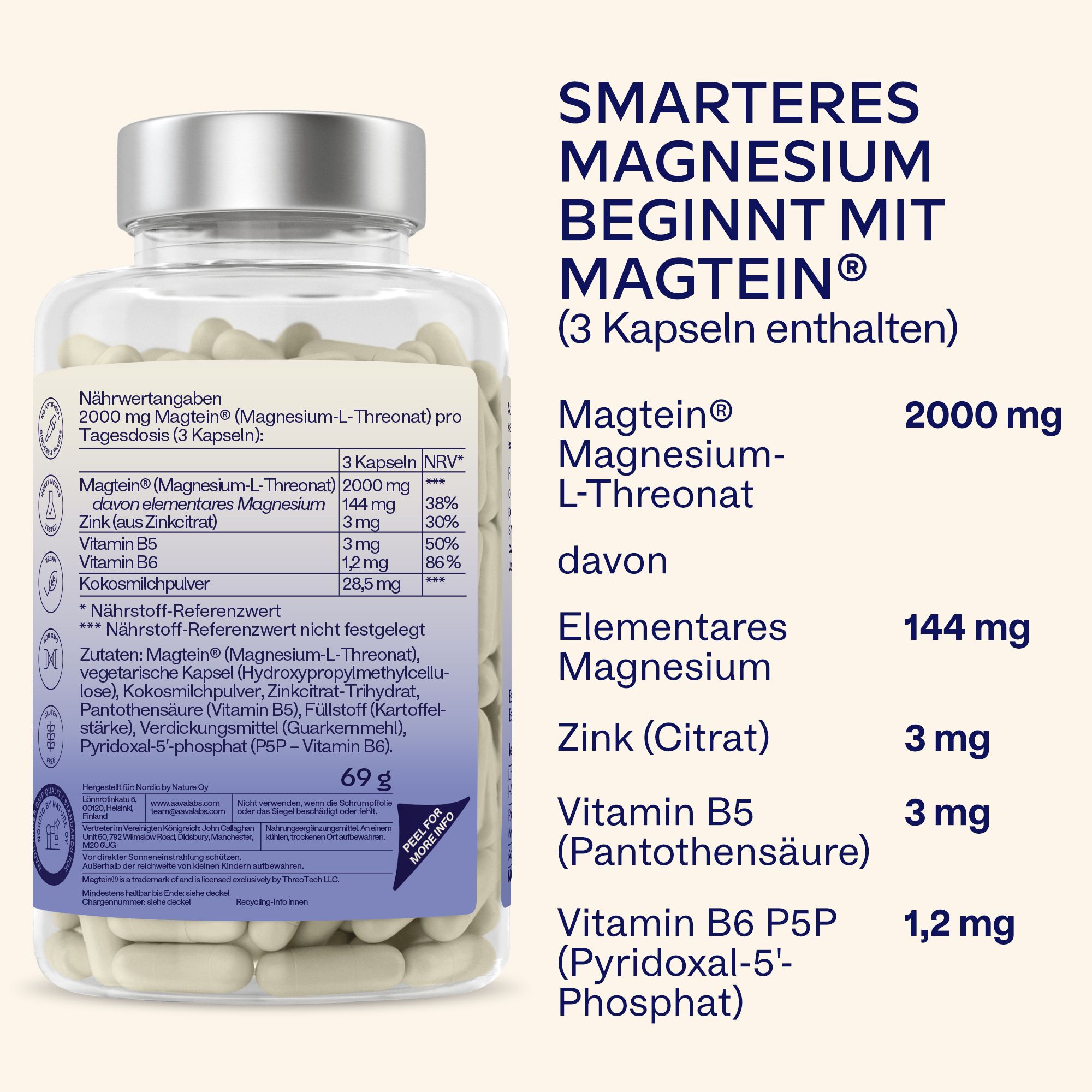 Aavalabs Magnesium L-Threonat Flasche mit Nährwertangaben.