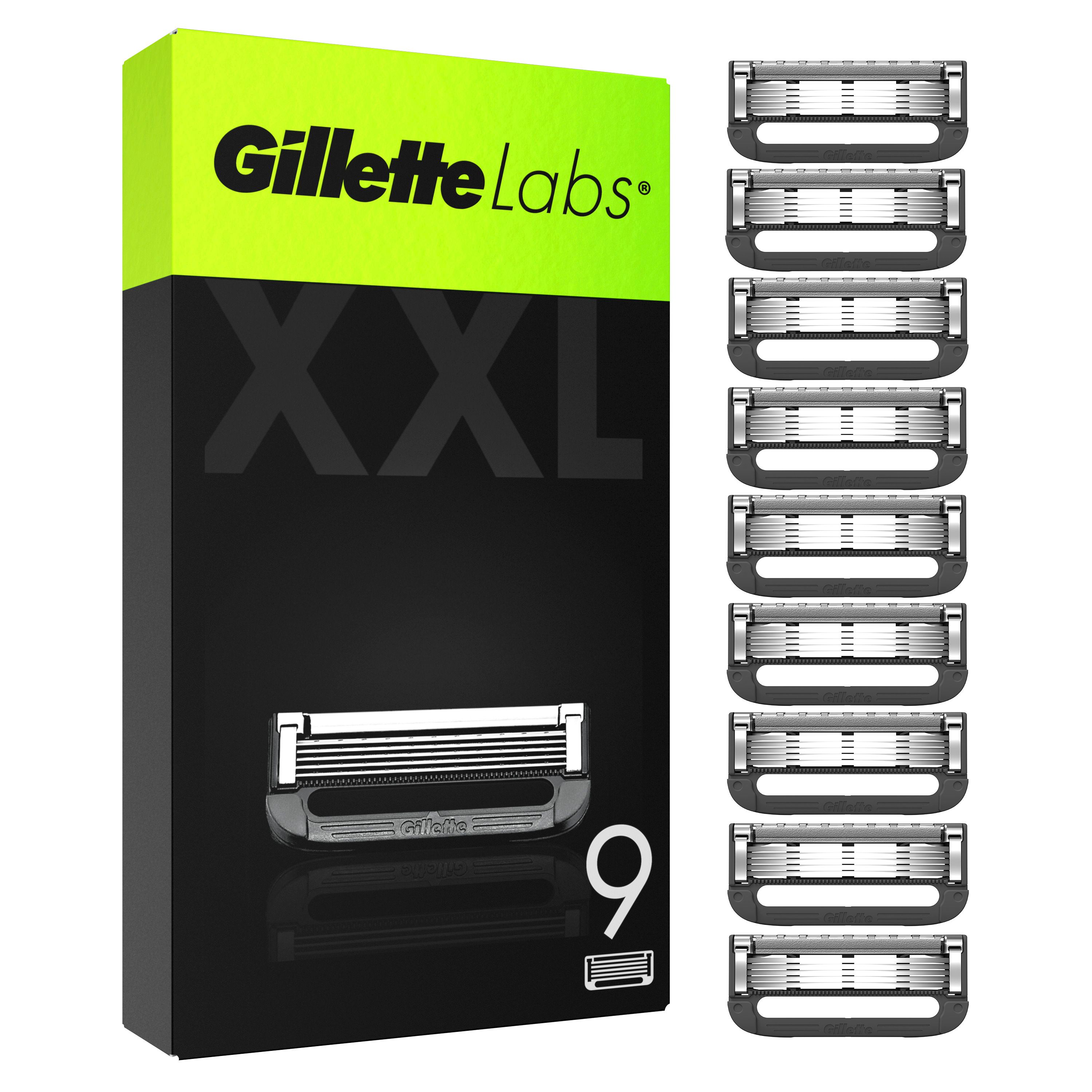 Verpackung mit Rasierklingen. Neun Klingen, schwarze und grüne Verpackung. "Gillette Labs" und "XXL" Text.