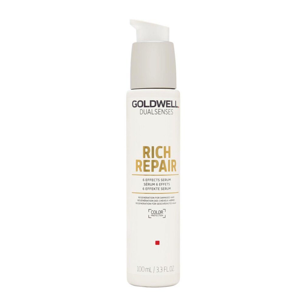 Goldwell Dualsenses Rich Repair Haarserum. Weiße Flasche mit silbernem Pumpkopf. Text: Rich Repair, 6 Effects Serum.