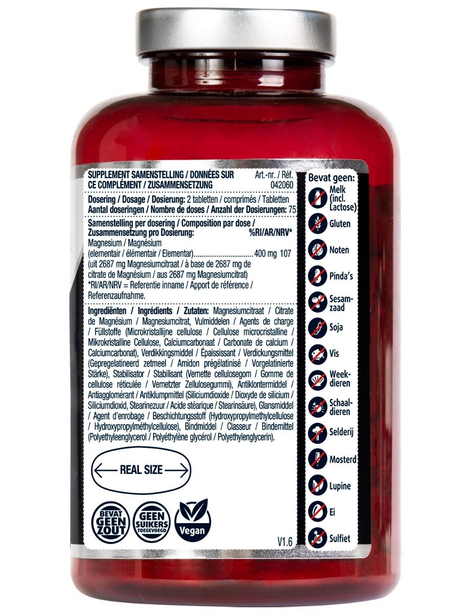 Rückseite einer Flasche mit Magnesiumcitrat-Tabletten, mit Zutatenliste und Allergeninformationen.