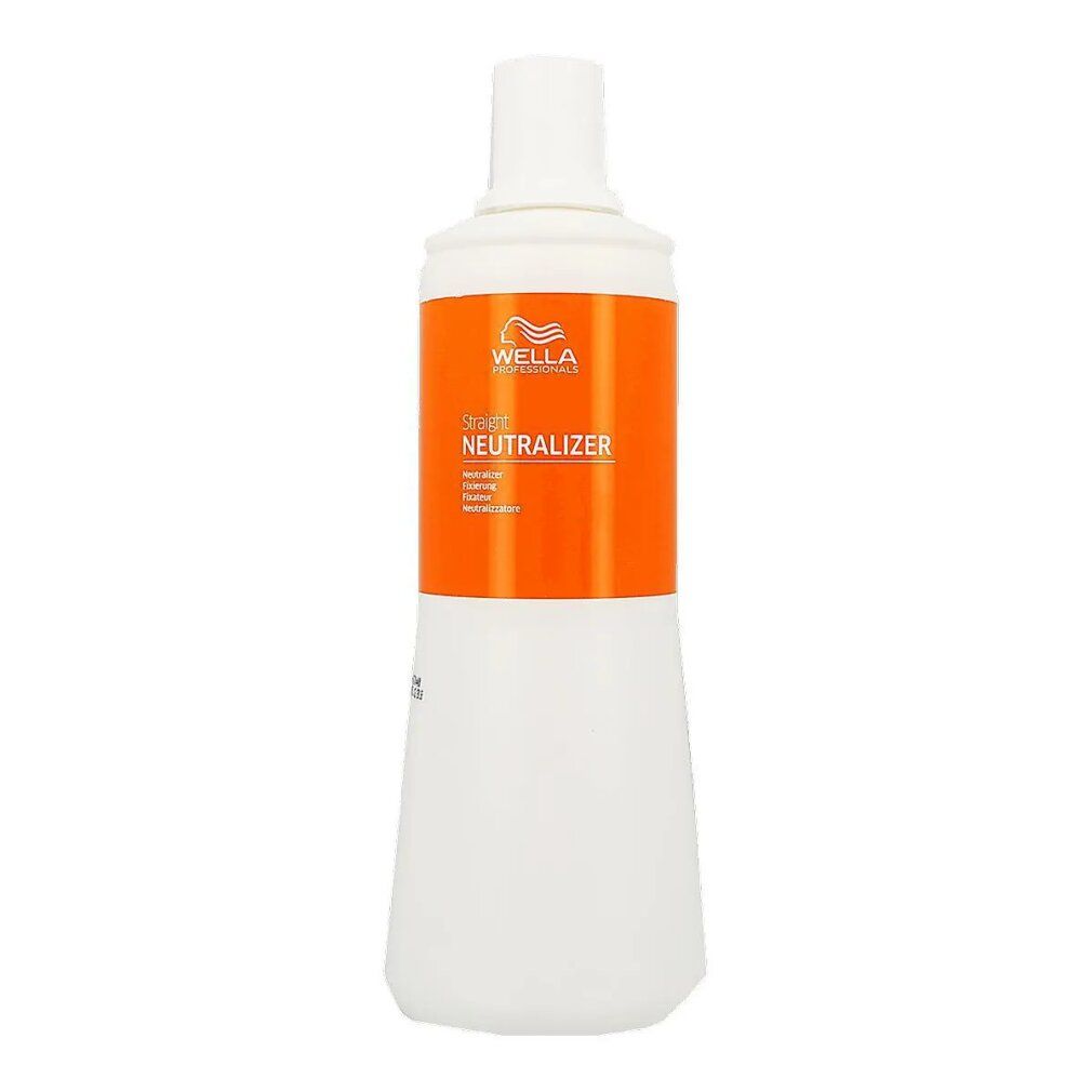 Flasche mit weißem Körper und orangefarbenem Mittelteil. Aufschrift: Wella Straight Neutralizer.