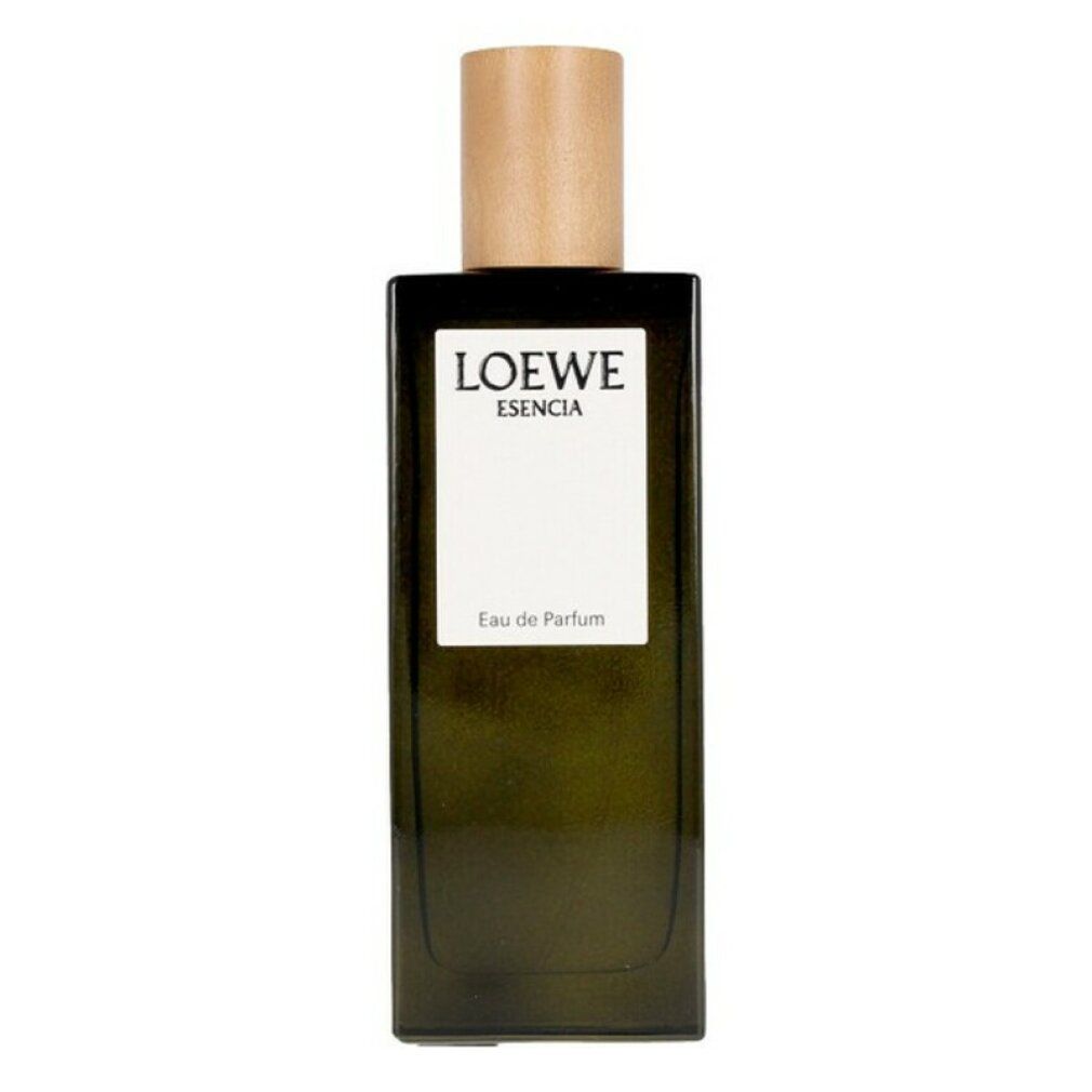 Dunkelgrüner Flakon mit Holzverschluss. Weißes Etikett mit schwarzem Text: LOEWE ESENCIA Eau de Parfum.