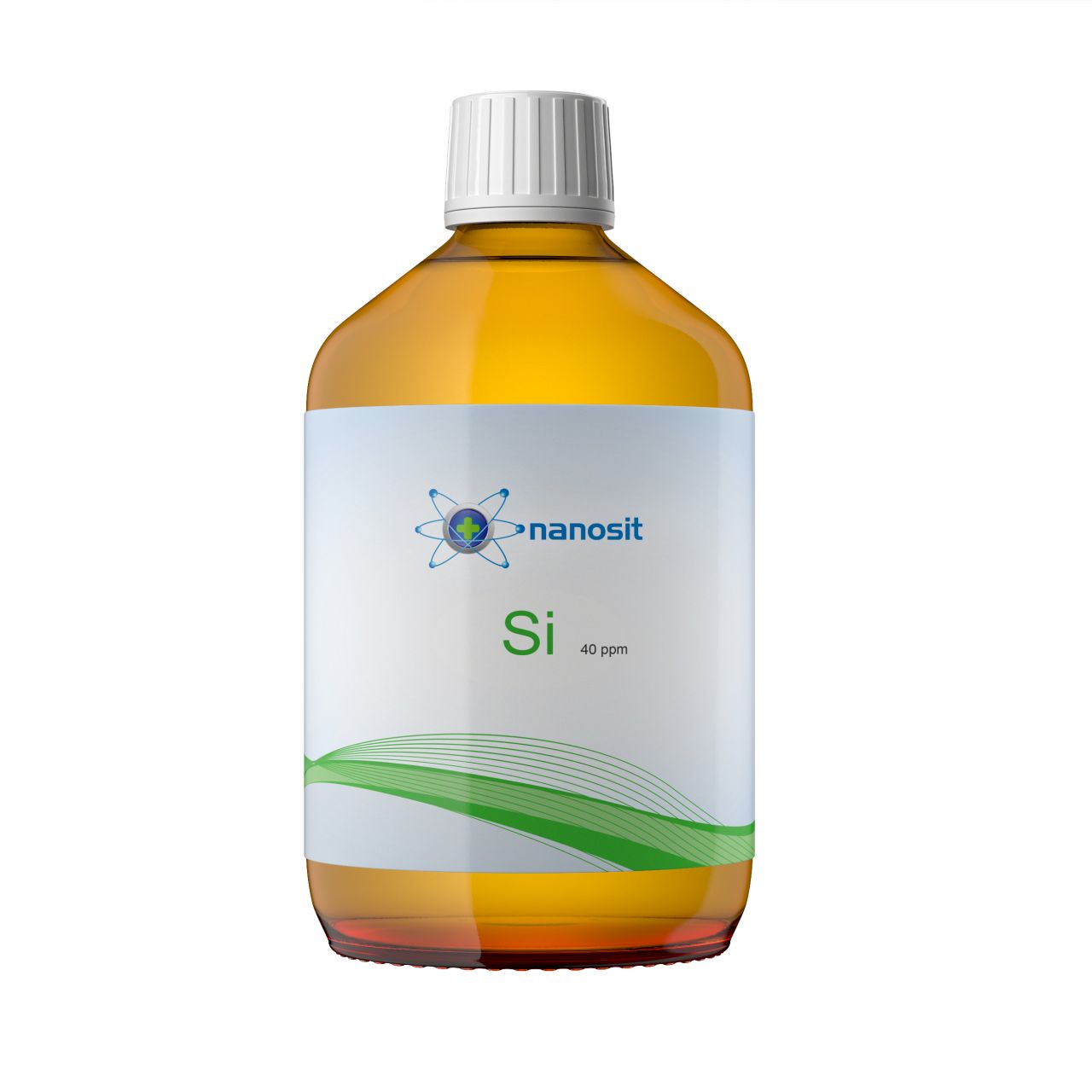 Braune Glasflasche mit weißem Deckel. Etikett mit Logo, Schriftzug "nanosit", "Si 40 ppm" und grüner Grafik.