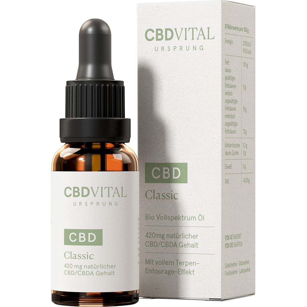 Braune Glasflasche mit Tropfer und weißer Aufschrift. Daneben eine weiße Schachtel mit grüner Aufschrift. CBD VITAL URSPRUNG Classic.
