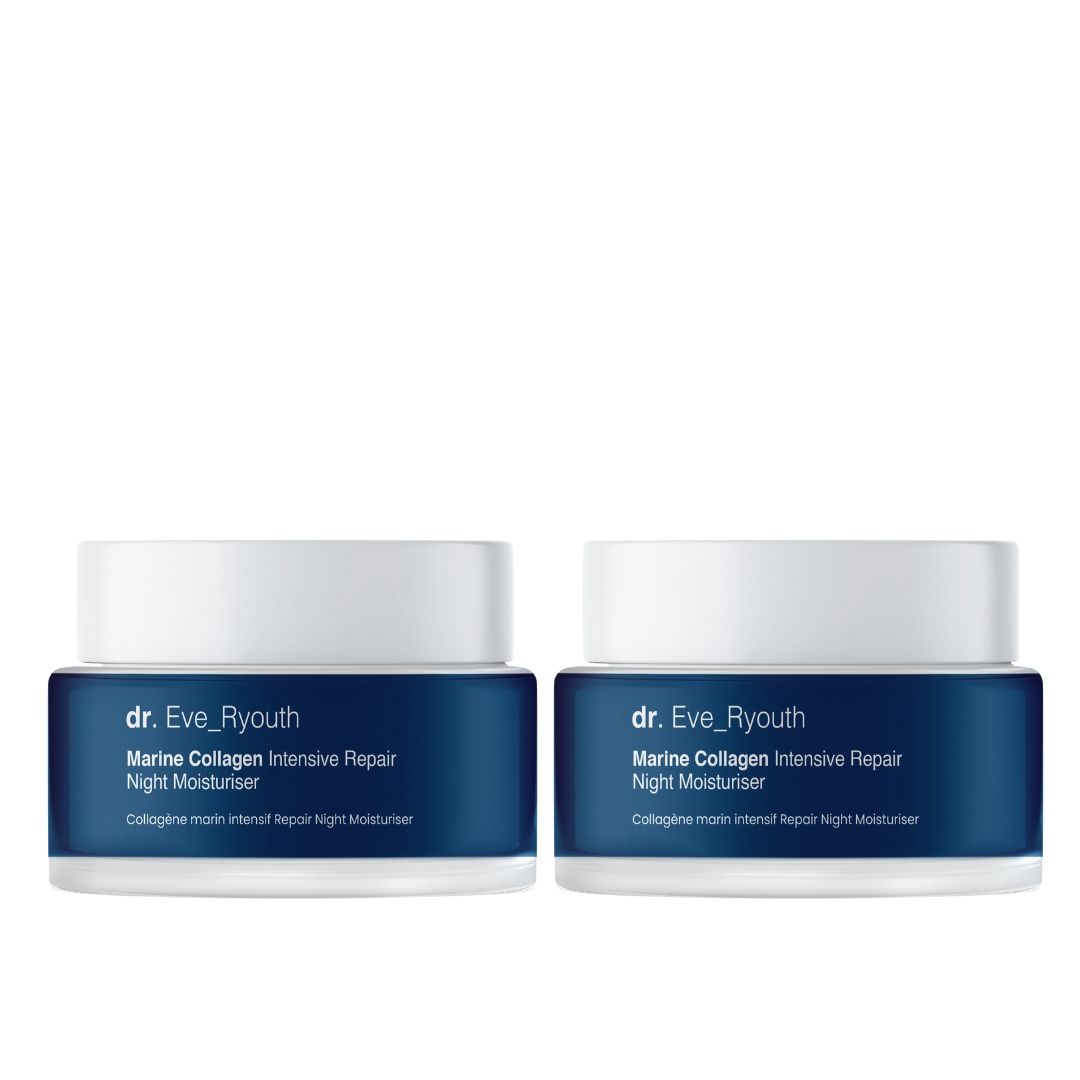 Zwei Tiegel Dr. Eve_Ryouth Nachtcreme. Blaue Behälter mit weißem Deckel. Aufschrift: Marine Collagen Intensive Repair Night Moisturiser.