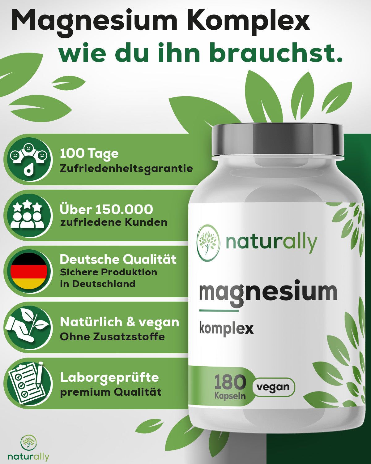 Weißes Glas 'naturally magnesium komplex'. Text: 100 Tage Zufriedenheitsgarantie, vegan, 180 Kapseln.