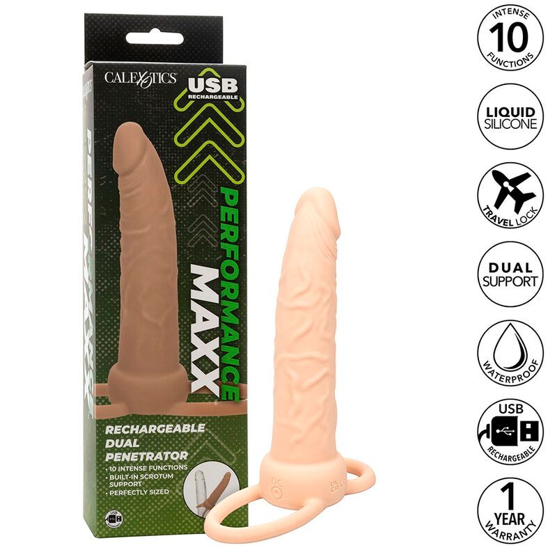Beigefarbener Doppelstimulator mit Verpackung. Verpackung mit Produktabbildung und Text: PERFORMANCE MAXX.