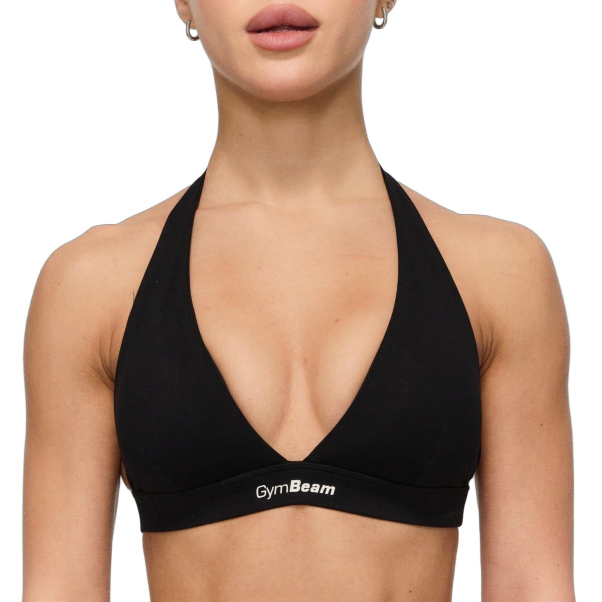 Vorderansicht eines schwarzen Sport-BHs mit tiefem Ausschnitt und GymBeam-Logo.