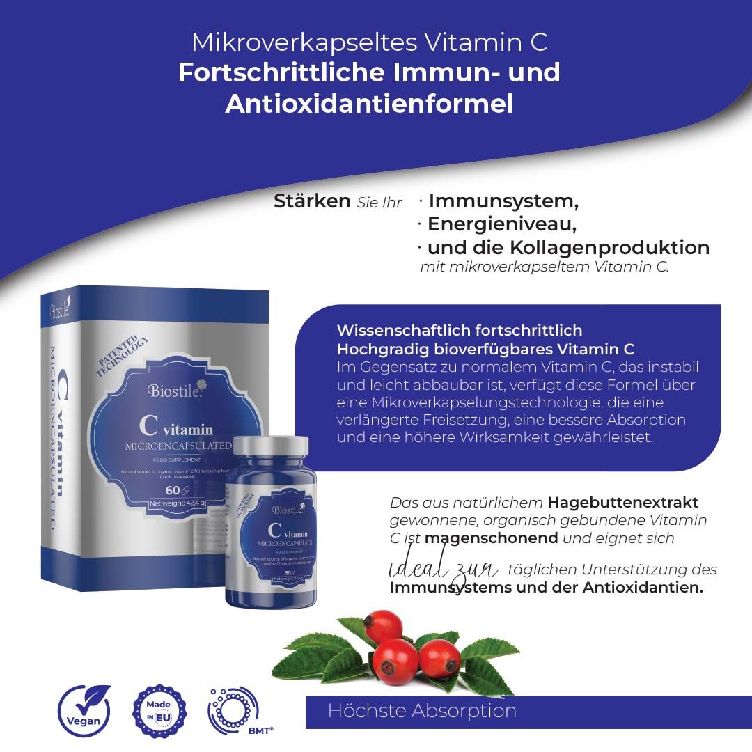 Biostile C Vitamin: Infografik mit Produktbildern, Texten über Vorteile und Hagebutten.